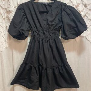Milkmaid Dress Puffer Sleeve Flowy Fit Ruching Waist Black